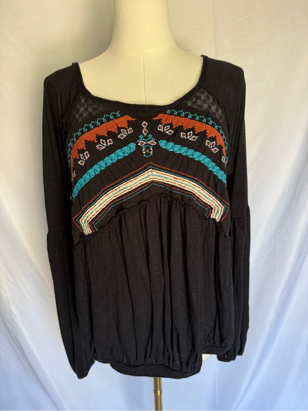 Free People New World Embroidered Top Boho Black Peasant Blouse Small